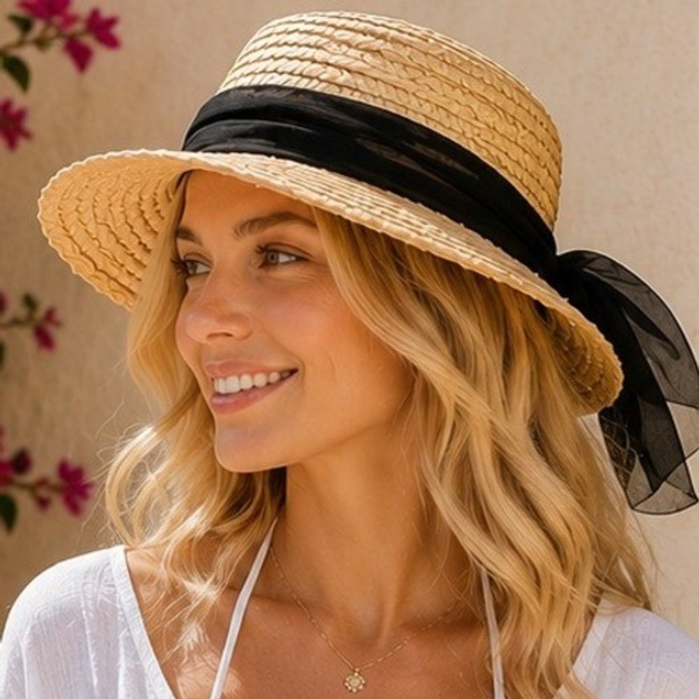 Cappelli Straworld Natural Straw Boater Hat Black Chiffon Bow Wide Brim